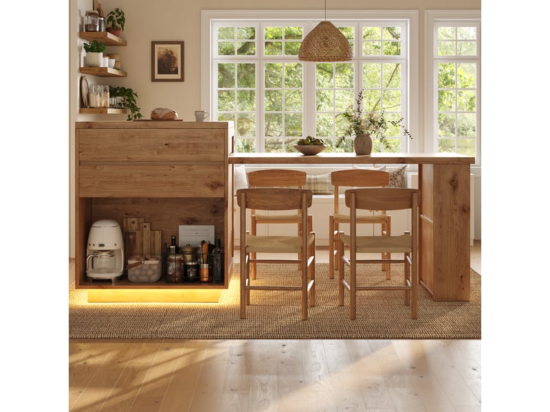 Îlot de cuisine extensible 122-194.5cm avec 4 tiroirs avant et arrière, grand rangement, plan de travail multifonction et led pilotable par application, naturel evarich - Conforama E