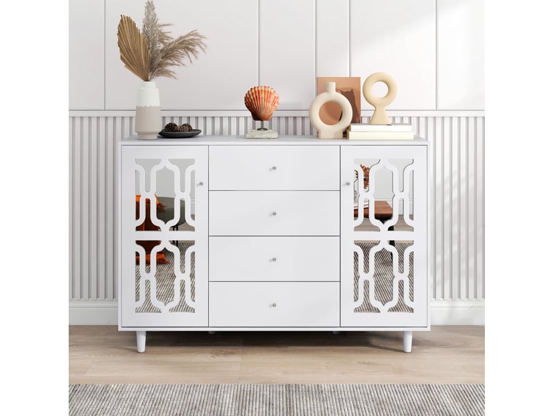  Buffet haut blanc avec portes à décor miroir et poignées effet cristal, 147,5 x 40 x 102 cm  - Conforama B