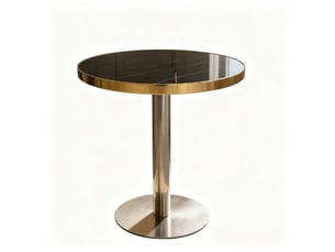 Table basse ronde avec plateau aspect marbre revêtement uv et piètement en acier inoxydable doré pour salon