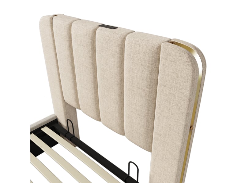  Lit coffre 1 place, 90x200 cm, avec rangement, usb type c, tête de lit rembourrée, matelas inclus, lin, coloris beige  - Conforama E