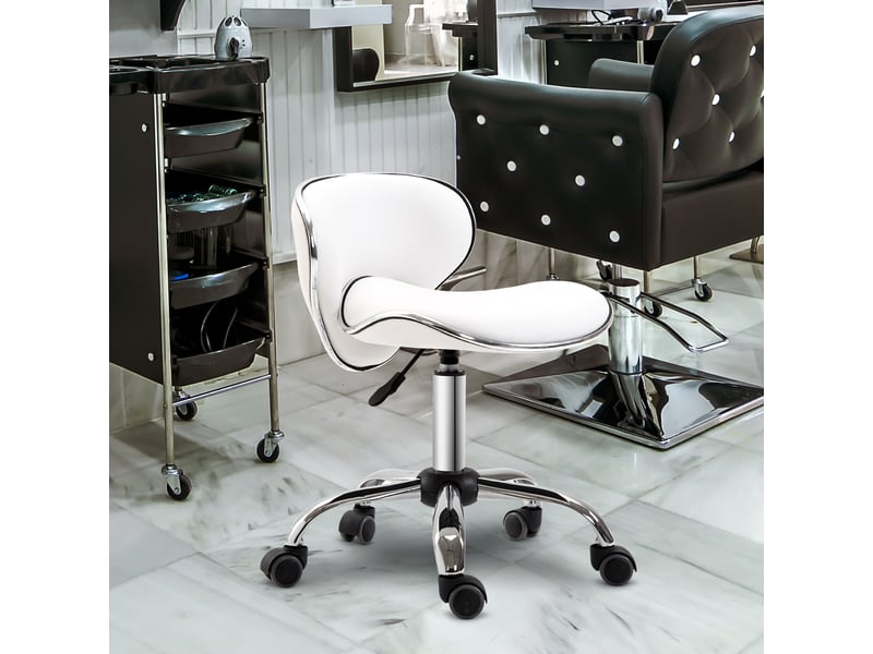  Tabouret à roulettes de travail avec hauteur réglable 44-56 cm et dossier pivotant 360° en blanc  - Conforama B