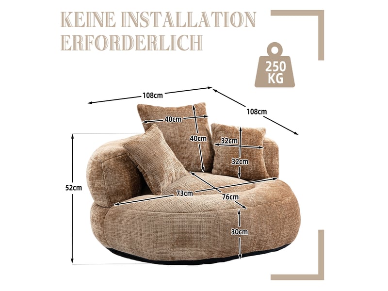  Fauteuil inclinable - à dossier haut - avec 3 coussins - résistant et confortable - chenielle - café  - Conforama E
