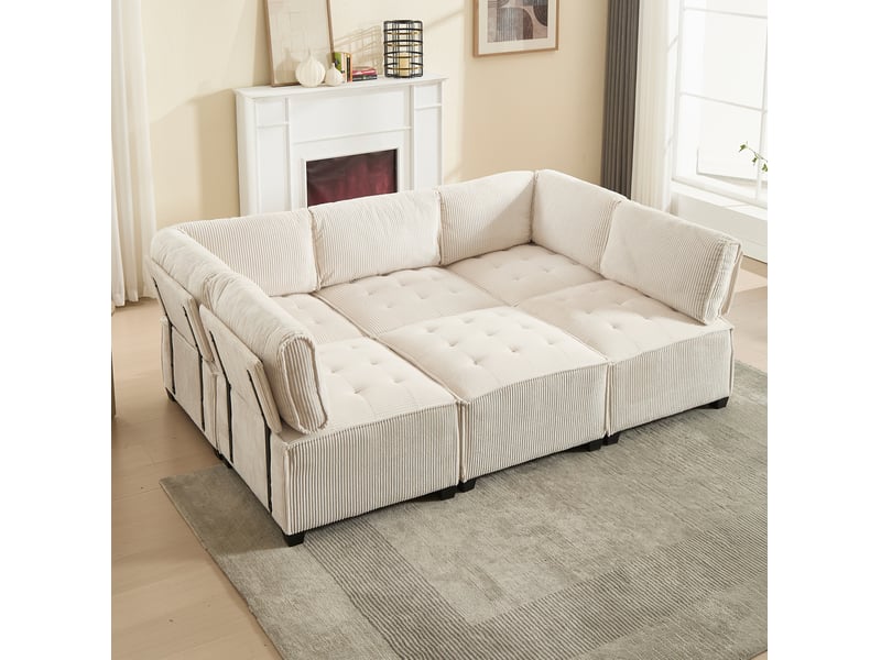  Canapé modulable 6 places en velours côtelé beige, convertible en u ou l, avec poches latérales pratiques  - Conforama D