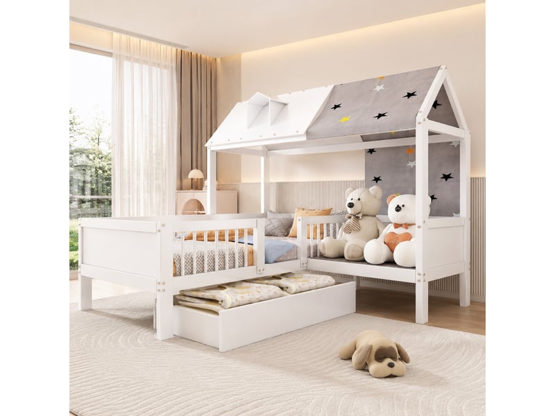  Lit enfant cabane 90x200 cm avec tiroirs, bois massif et mdf, blanc  - Conforama D