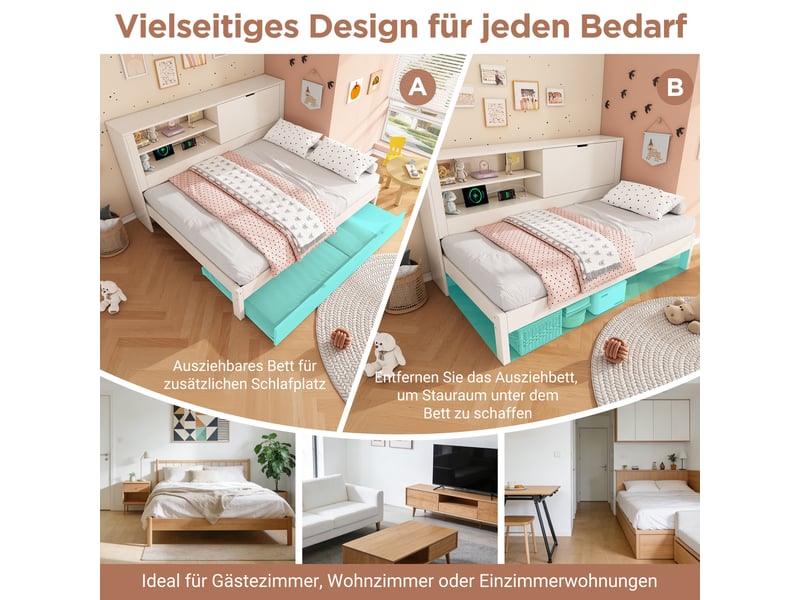  Lit gigogne 90x190 2 en 1, canapé lit avec rangements, chargeur usbusb-c intégré, lit d'appoint escamotable, sommier inclus  - Conforama D