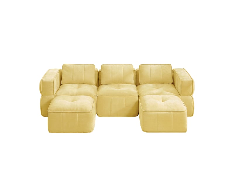 Canapé modulable en u 3 places avec deux poufs, canapé jaune pour salon à assise profonde, mousse 32d, tissu polyester doux - Conforama A