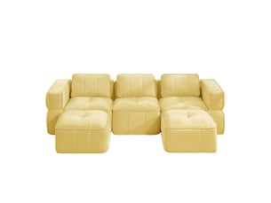 Canapé modulable en u 3 places avec deux poufs, canapé jaune pour salon à assise profonde, mousse 32d, tissu polyester doux
