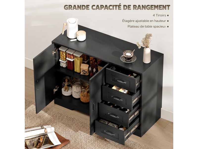  Meuble de cuisine muvano, buffet noir 4 tiroirs et 1 placard, étagère réglable, 105 × 40 × 76 cm  - Conforama E
