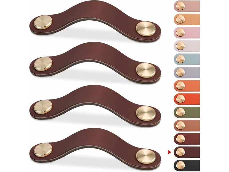 4 poignées cuir vintage 96mm, marron foncé. Pour meubles, tiroirs, armoires, cuisine et salle de bain. Élégantes, robustes et faciles à poser.  - Conforama E