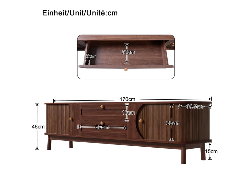  Meuble tv 170x39.5x46 cm avec portes coulissantes et tiroirs en mdf noyer  - Conforama E