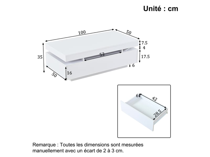  Table basse led blanche brillante avec 2 tiroirs – 100 x 50 x 35 cm  - Conforama D
