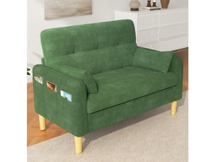 Canapé droit 2 places en chenille vert avec 2 coussins et poche latérale