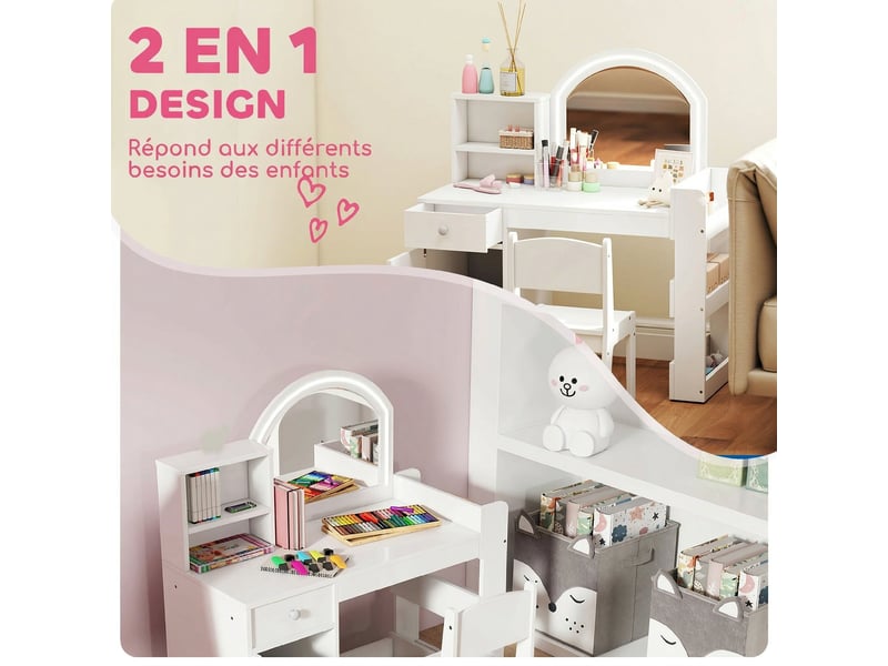 Coiffeuse pour enfants avec tabouret et miroir led, table de maquillage pour 3 à 8 ans, 88,6 x 38,8 x 96,9 cm, blanc - Conforama D