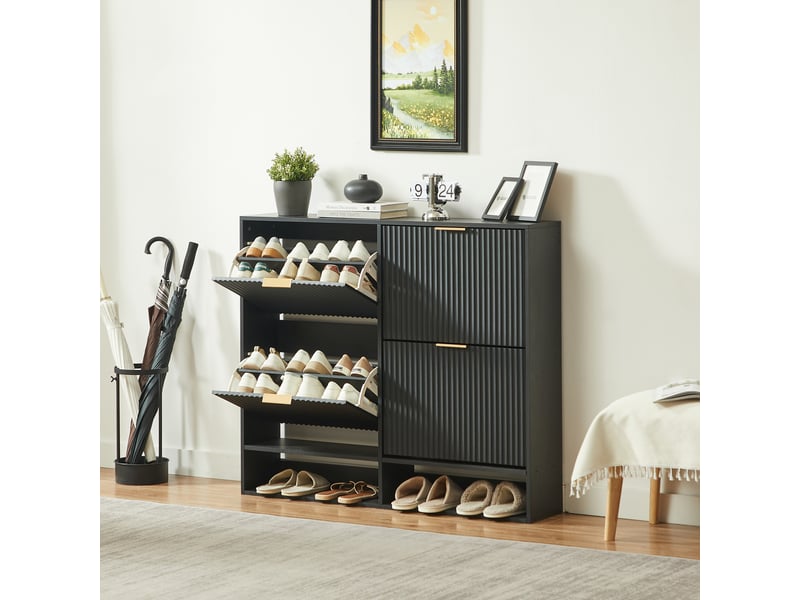 Meuble à chaussures étroit avec portes basculantes, 120 x 24 x 102 cm, mdf noir, façade rainurée  - Conforama B