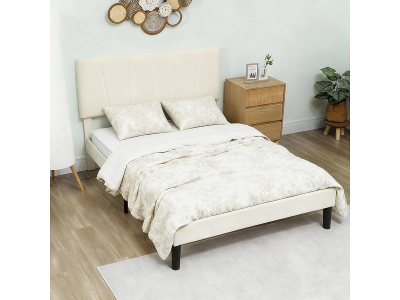  Lit double design graphique velours - tête de lit, pied de lit et sommier - compatible matelas 190x140cm - crème  - Conforama E