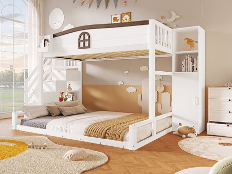 Lit mezzanine 90×200+140×200 cm avec étagère-escalier, armoire, espace de rangement et fenêtre décorative, blanc  - Conforama B