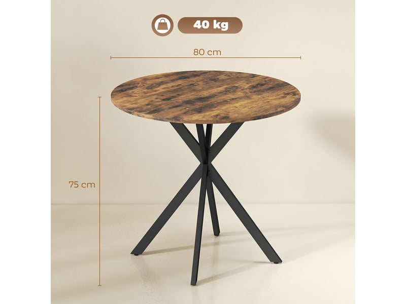  Table à manger ronde pour 2 personnes avec plateau aspect bois et piètement croisé en acier, brun rustique  - Conforama E