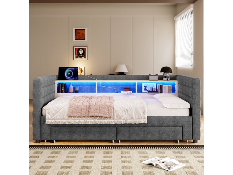  Lit de jour velours gris 90x190 cm avec lit gigogne extensible, éclairage led, tiroirs de rangement et ports usbtype-c  - Conforama B