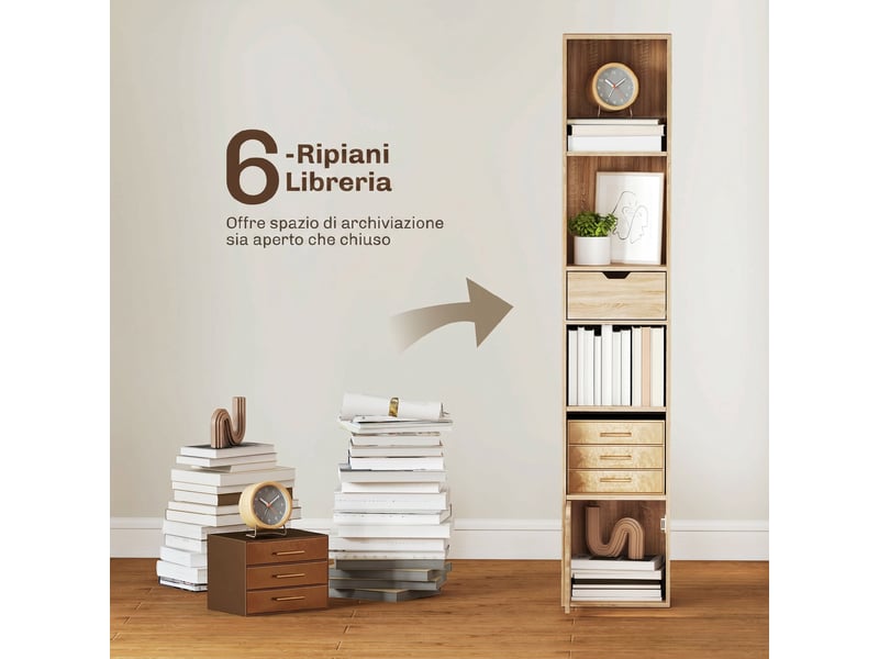  Bibliothèque ouverte à 4 niveaux avec placard et tiroir, 30 x 24 x 158 cm, couleur bois  - Conforama D