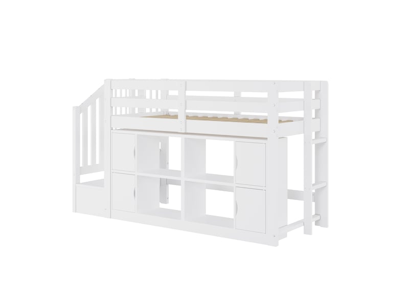 Lit mezzanine 90 × 200 cm, escalier-rangement, armoires, led et garde-corps hauts, pin, mdf et contreplaqué, blanc - Conforama A