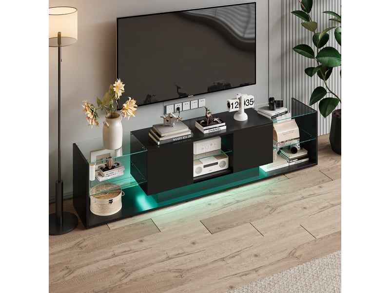 Meuble tv led 200x35x45cm - design nordique avec rangement verre trempé et télécommande app - noir brillant - Conforama C