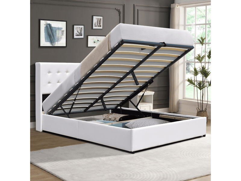 Lit coffre dehoussable blanc 120x190 cm - avec tete de lit capitonnee - 12 lattes - montage rapide et facile - entretien facile - lit de rangement  - Conforama B