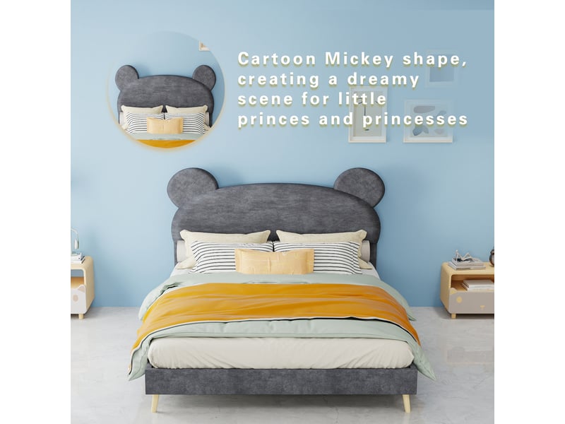  Lit double minimaliste 140x200 cm avec tête de lit cartoon, mobilier de chambre, lit double avec sommier à lattes, gris  - Conforama E