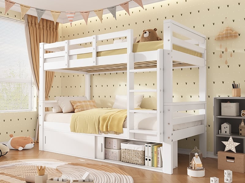  Lit superposé 90 x 200cm, séparable en 2 lits simples, rangement porte coulissante, échelle, barrières sécurité, blanc  - Conforama B