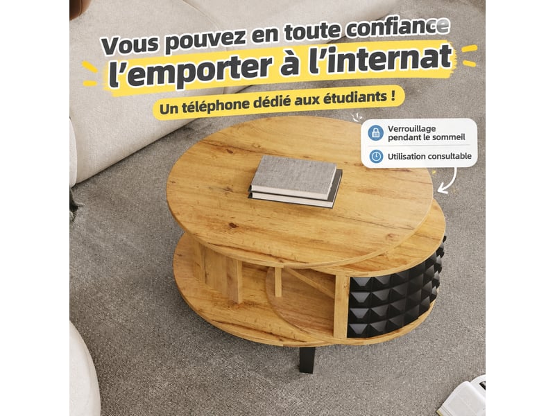  Table basse pivotante à 360° avec rangement caché, bois naturel et noir, 85,2 x 80 x 45,2 cm  - Conforama E