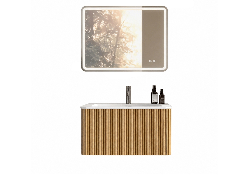  Ensemble meuble de salle de bain suspendu 81 cm – chêne – vasque intégrée, miroir led 80x60 cm, sans robinet  - Conforama A