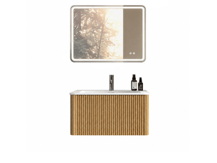 Ensemble meuble de salle de bain suspendu 81 cm – chêne – vasque intégrée, miroir led 80x60 cm, sans robinet