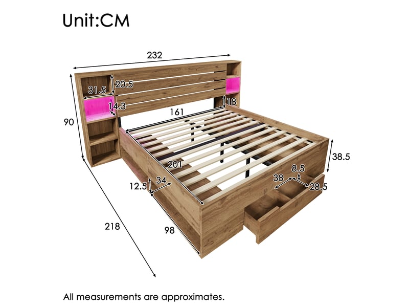  Lit double 160x200 cm avec led, ports usb type-c et rangements, métal et bois, chêne sans matelas  - Conforama C