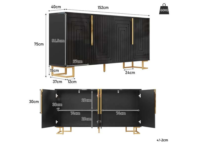 Buffet 2 portes avec 4 compartiments de rangement pour salle à manger en mdf 152×40×75 cm noir - Conforama E