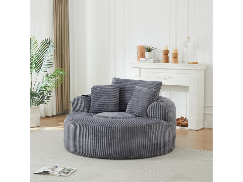  Fauteuil 2 places - 142x142x63 cm - fauteuil poire indépendant en velours côtelé avec 3 coussins et 2 porte-gobelets - gris  - Conforama B