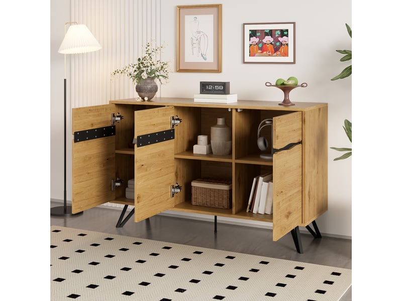  Buffet 3 portes effet bois avec pieds métalliques et grand espace de rangement multifonction  - Conforama C