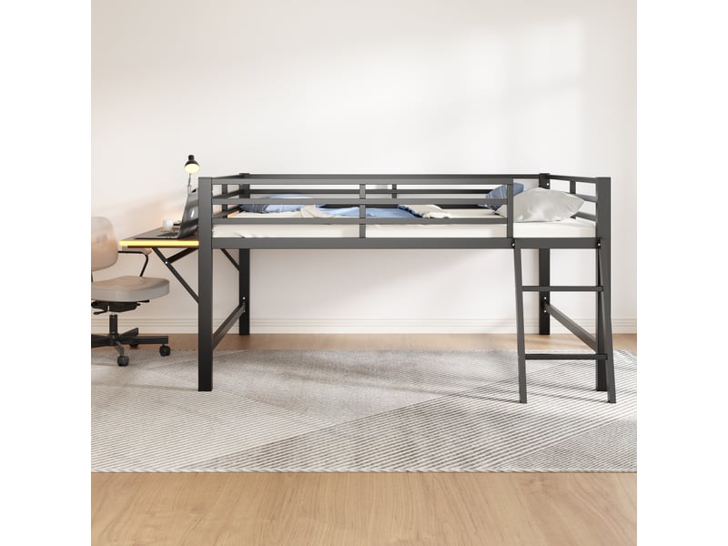  Lit plat, 140 x 200 cm, lit en métal, sans matelas, barrière de sécurité, échelle, bureau, bande lumineuse led, noir  - Conforama B