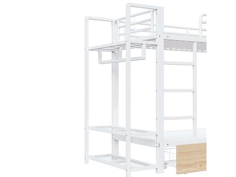  Lit superposé en métal et mdf, lit 2 places avec 2 tiroirs, étagères et led réglable, 90x200 cm, sans matelas, blanc  - Conforama E