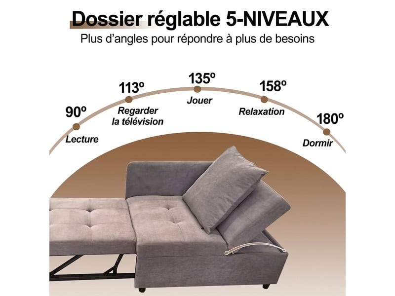  Canapé convertible 3-en-1 banquette-lit 2 places en tissu aspect lin gris – lit d'appoint avec dossier inclinable 5 positions et coussins pour petit espace et bureau (max. 200 kg)  - Conforama C