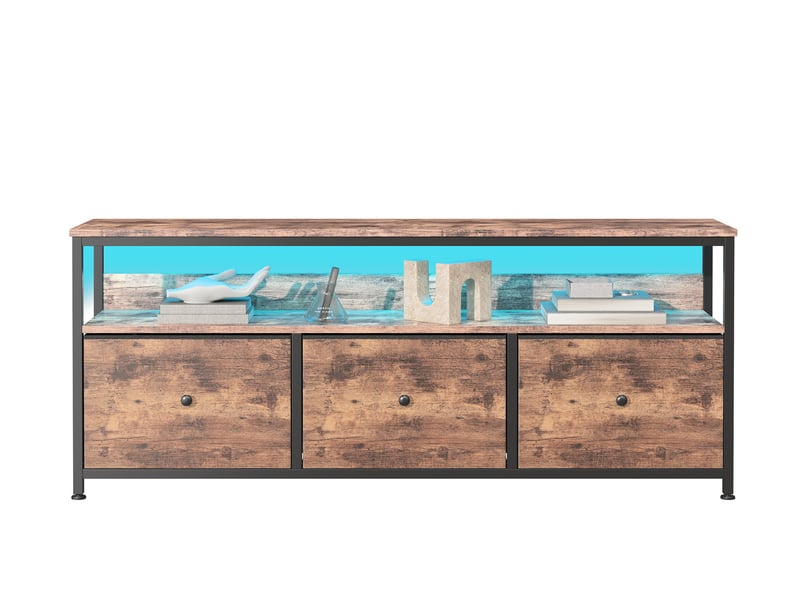  Meuble tv led 137cm meuble télé avec 3 tiroir en tissu et étagères ouvertes, cadre en acier, banc tv salon, chambre, marron rustique  - Conforama A