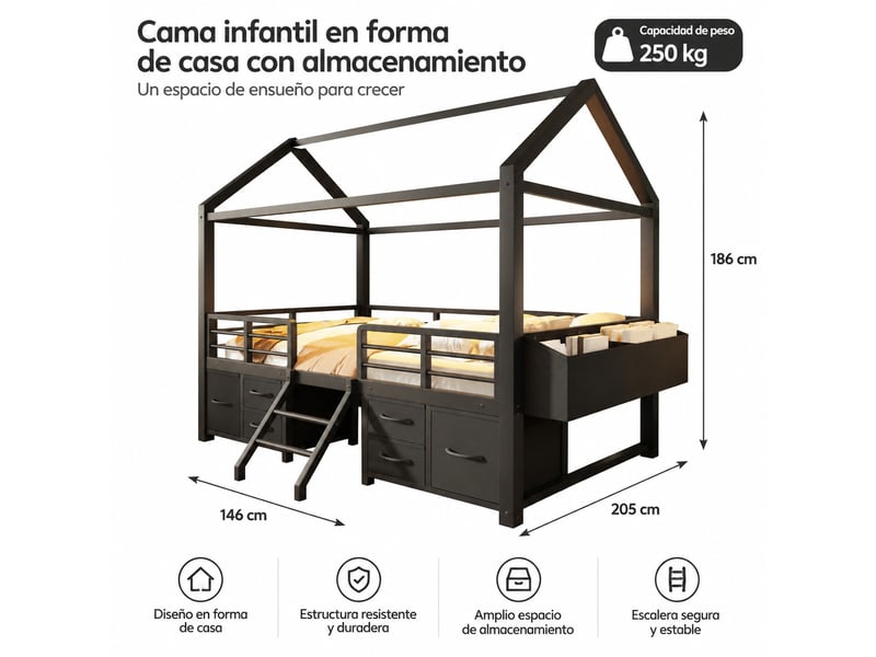  Lit mezzanine enfant 90 x 200 cm avec toit cabane, structure en métal noir et éclairage led, sans matelas  - Conforama A