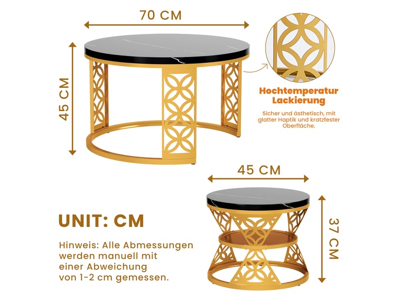  Tables gigognes rondes 70 et 45 cm, plateau noir laqué et pieds dorés, style luxe contemporain  - Conforama C