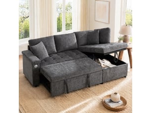Canapé d'angle droit convertible MODENVIE 3 places Tissu gris avec coffre de rangement