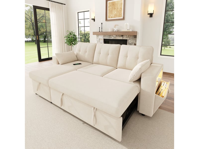  Canapé d'angle convertible 3 places 213x131x83 cm en chenille avec méridienne réversible, coffre de rangement, led, usb type-c - beige  - Conforama E