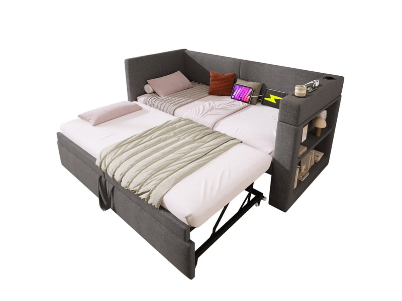  Lit de jour, 90x200 cm, usb et porte gobelets, accoudoirs réversibles, matelas non inclus, bois et métal, coloris gris  - Conforama A