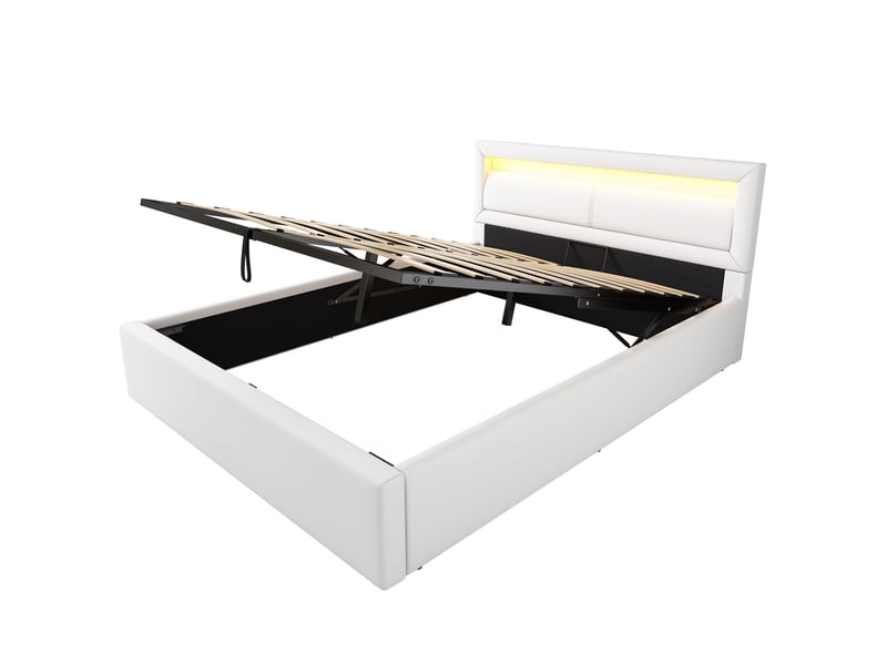 Lit coffre 140x200 blanc en similicuir, lit double avec éclairage led et sommier à lattes, grand espace de rangement, design moderne - Conforama A