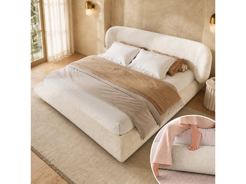  Lit 180 x 200 cm avec sommier à lattes, cadre rembourré beige en chenille  - Conforama B