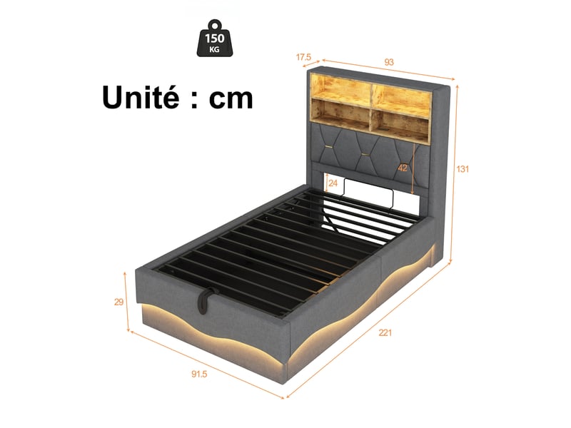  Lit coffre enfant 90x200 cm, lit simple avec rangement hydraulique, éclairage led et usb, matelas non précisé, gris  - Conforama D