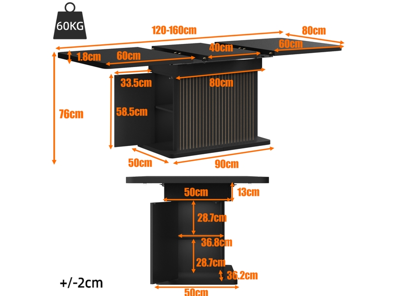  Table à manger extensible 120-160 cm avec rangement caché, noir mat  - Conforama C