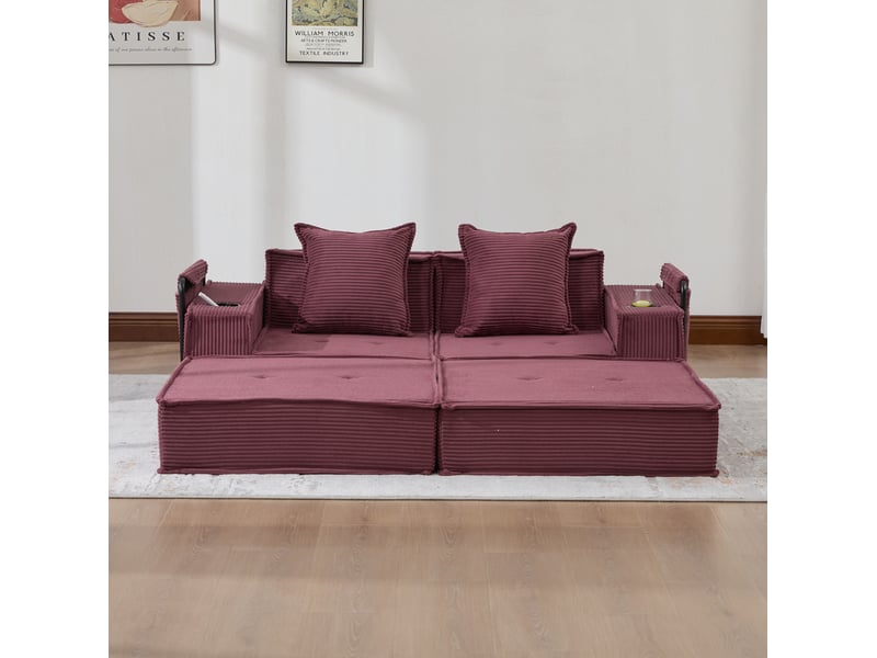  Canapé 2 places ulevr modulaire en velours côtelé rouge bordeaux avec poches latérales, porte-gobelets et 2 coussins, 162 x 78 x 66 cm  - Conforama B