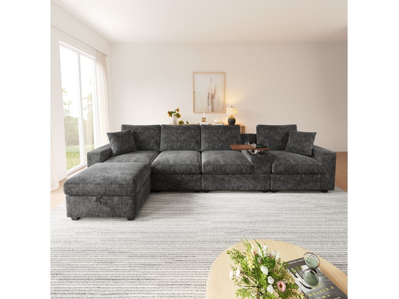 Canapé modulaire d'angle 313x147 cm – gris – ottoman, rangements et table pivotante usbtype-c - Conforama B